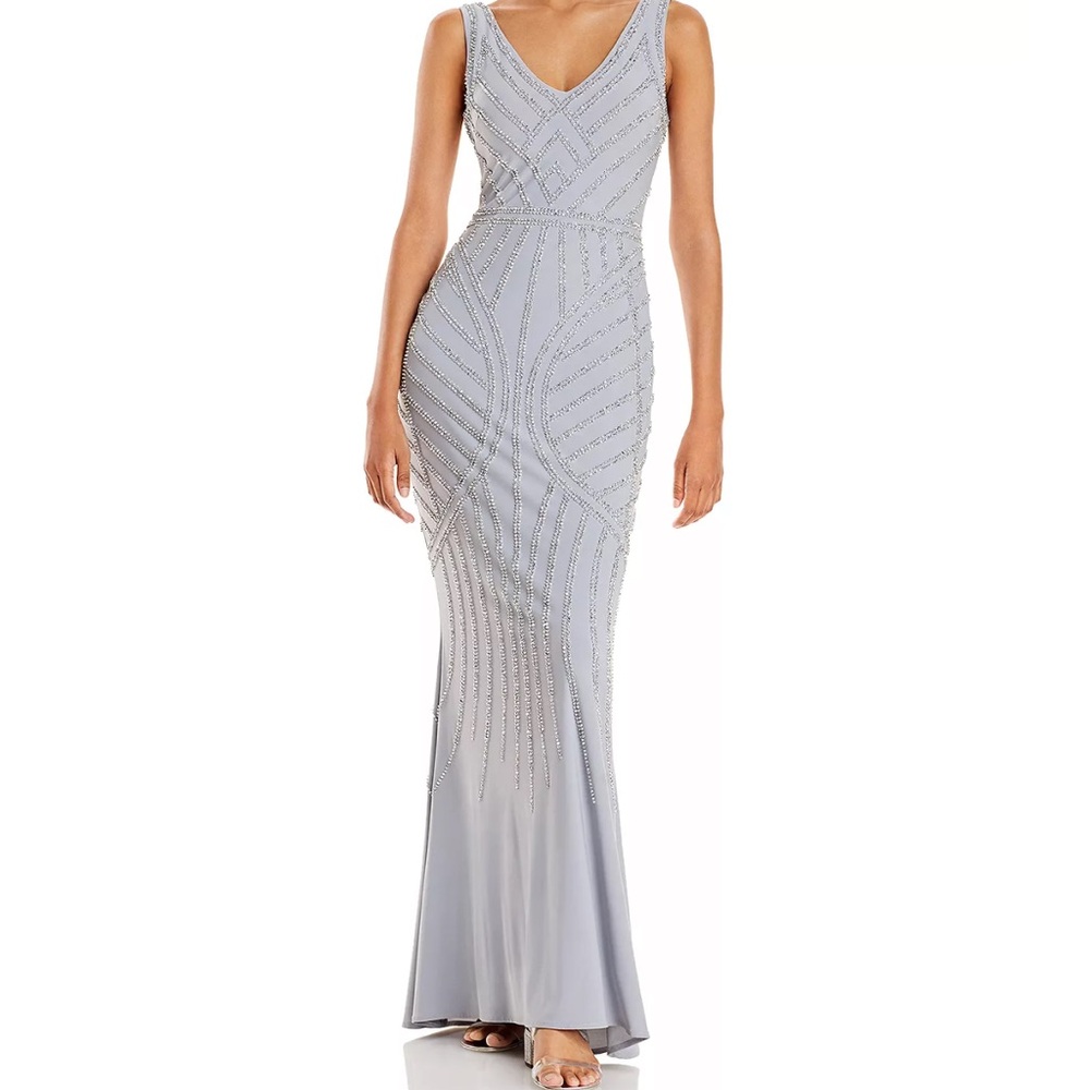 AQUA embellished column gown 

Gorgeous Grey beaded dress with stunning detail